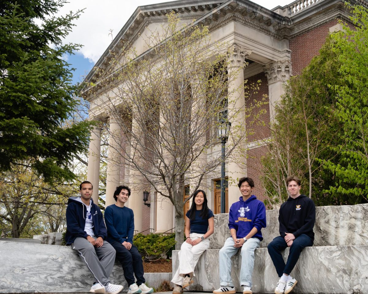 From left to right: Onyeraluobu Chibuogwu ’26, Benham Cobb ’26, Charlene Peng ’26, Michael Ma ’26, and Peter Laino ’26. (Beneyam Hassen/The Williams Record)